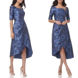 NWT Kay Unger Tallulah Floral Jacquard Short Sleeve Asymmetrical Midi Dr…